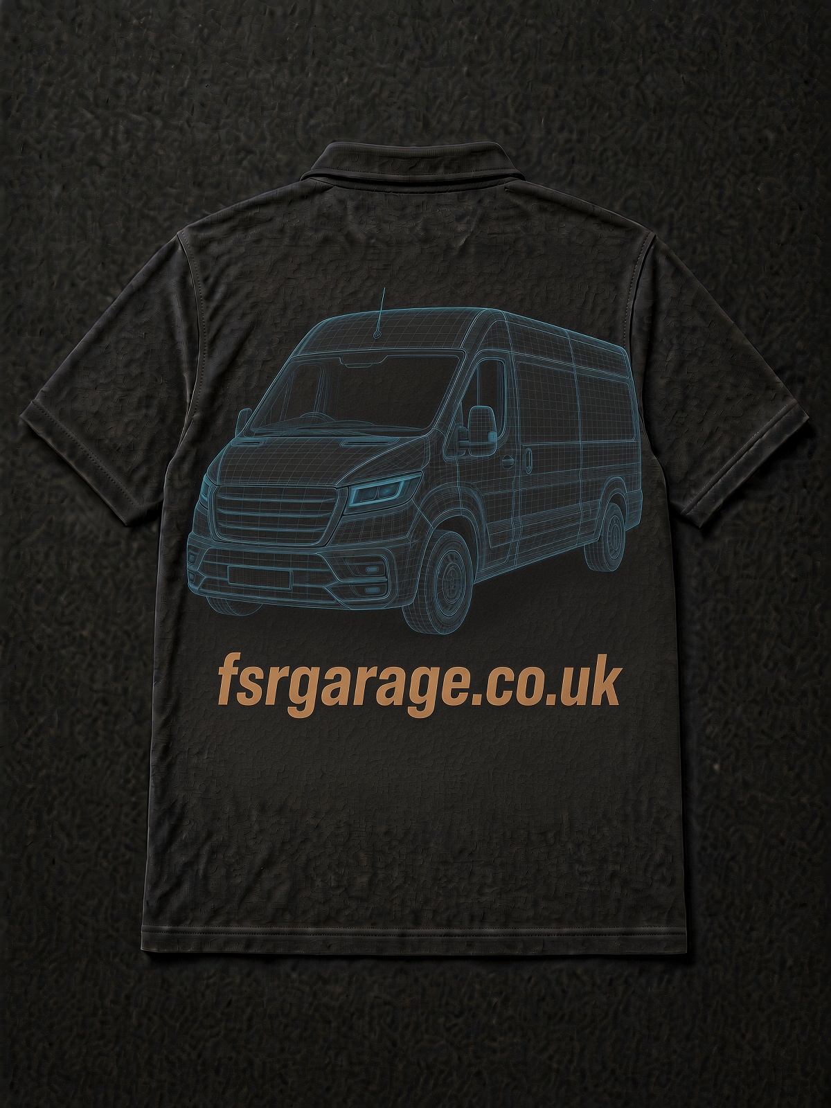 Back of the charcoal polo with fsrgarage.co.uk and a copper van sketch