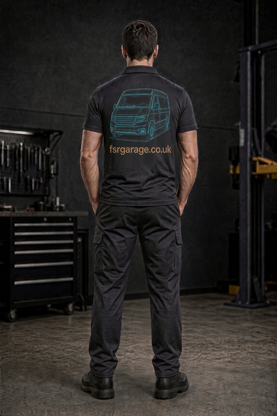 Men’s shirt back with website and copper van sketch