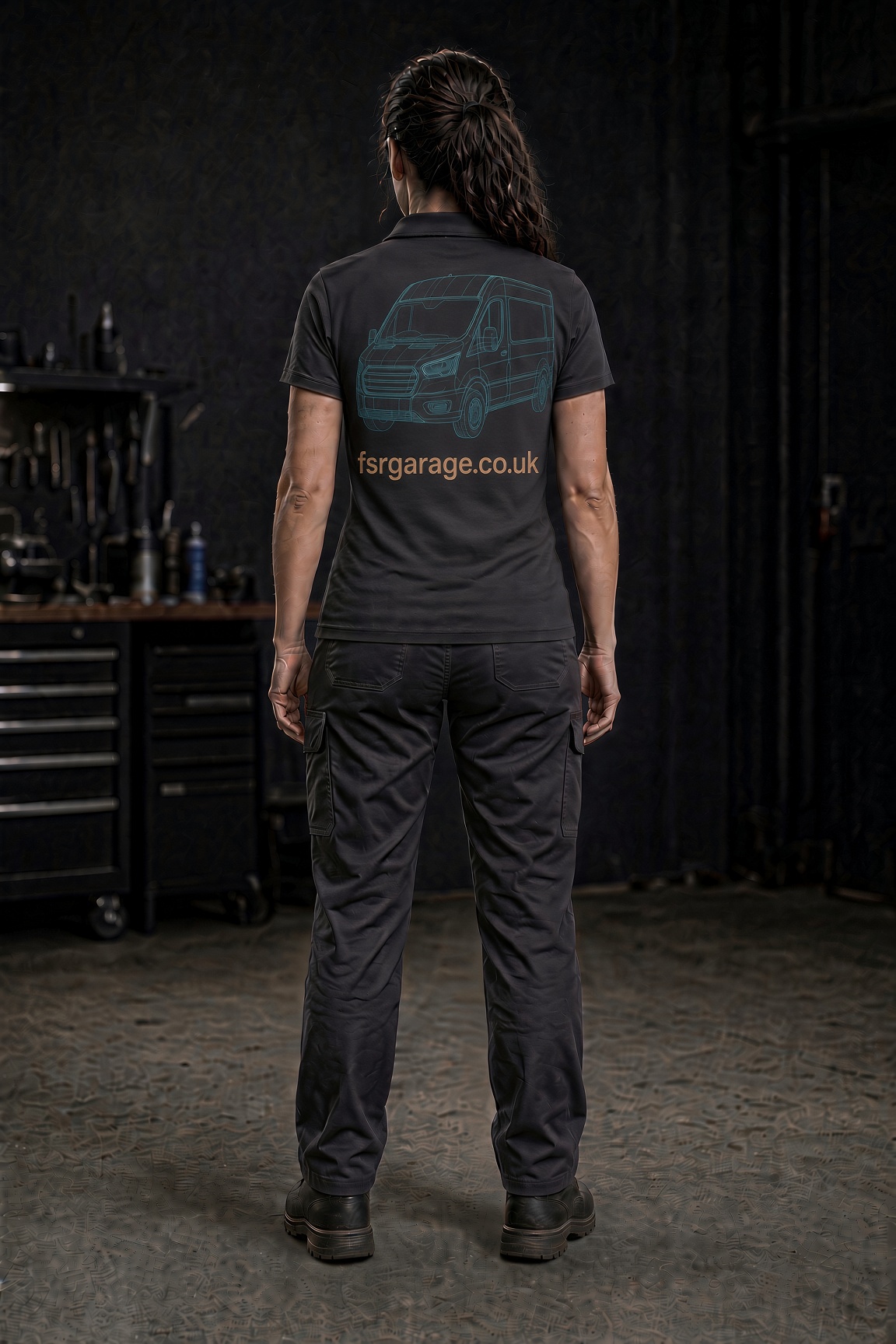 Women’s shirt back with website and copper van sketch